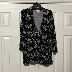 Coldwater Creek Black Floral Long Sleeve wrap blouse